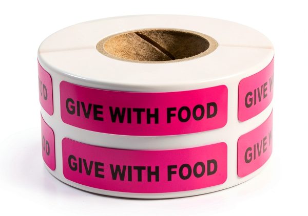 Give With Food Veterinary Labels by LabelValue - Pink 0.375x1.625 Roll-4