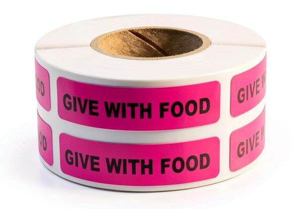 Give With Food Veterinary Labels by LabelValue - Pink 0.375x1.625 Roll-3